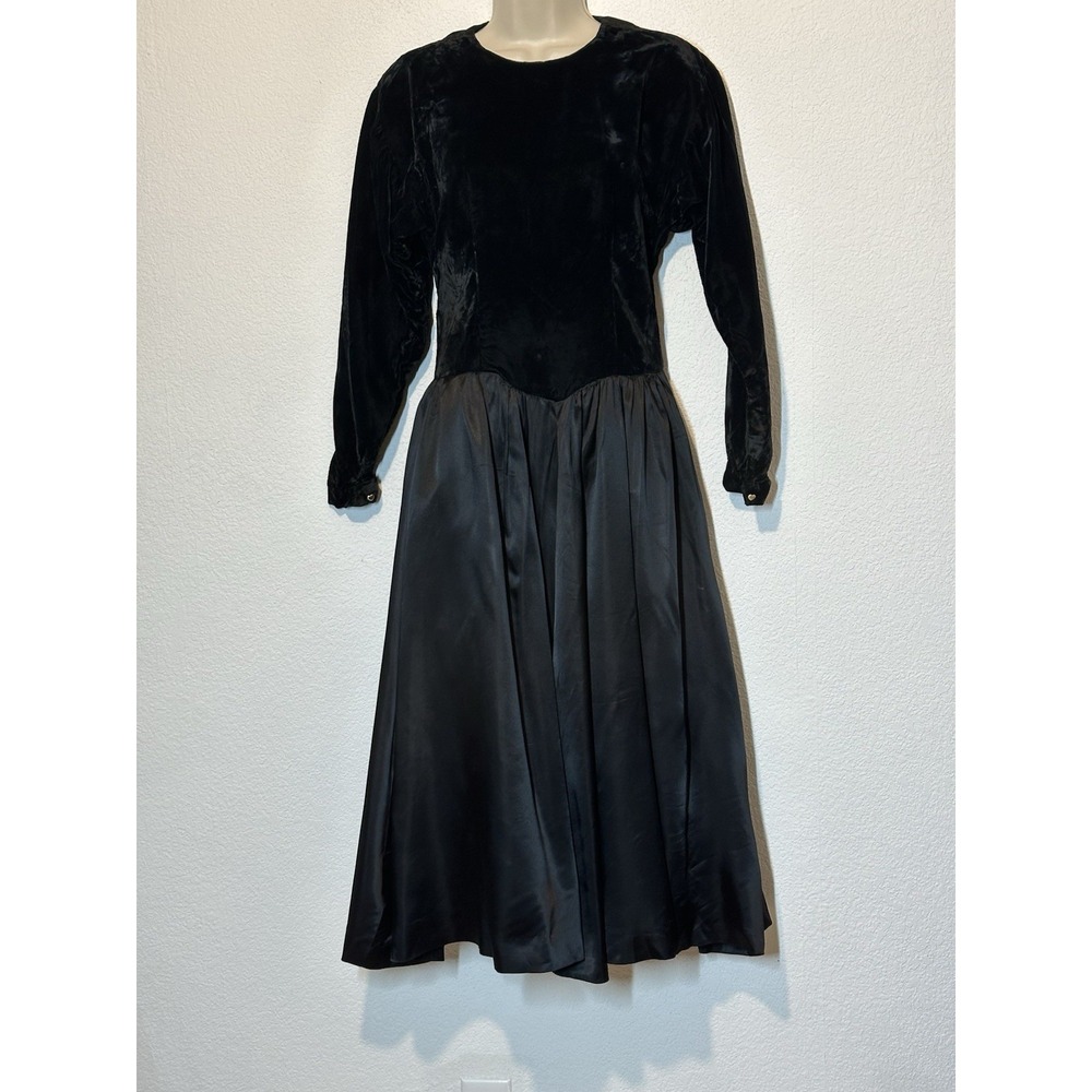 Vintage Black Velvet And Satin‎ Midi Dress Size S Whimsigoth Witch Victorian